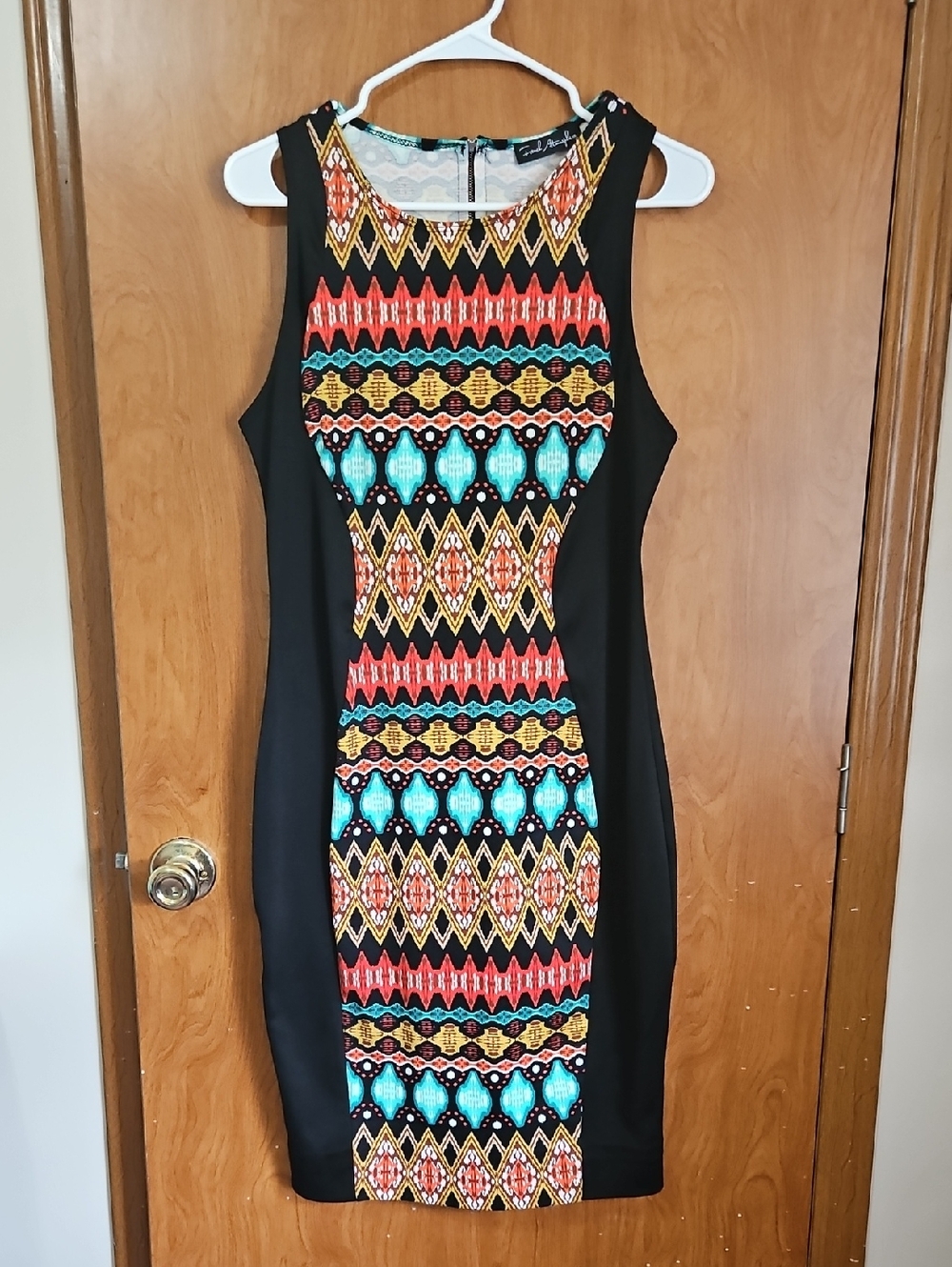 French Atmosphere Black Midi Dress with Turquoise, Red and Yellow Tribal Panel